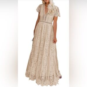 MEROKEETY V Neck Short Sleeve Floral Lace Maxi Dress Size L